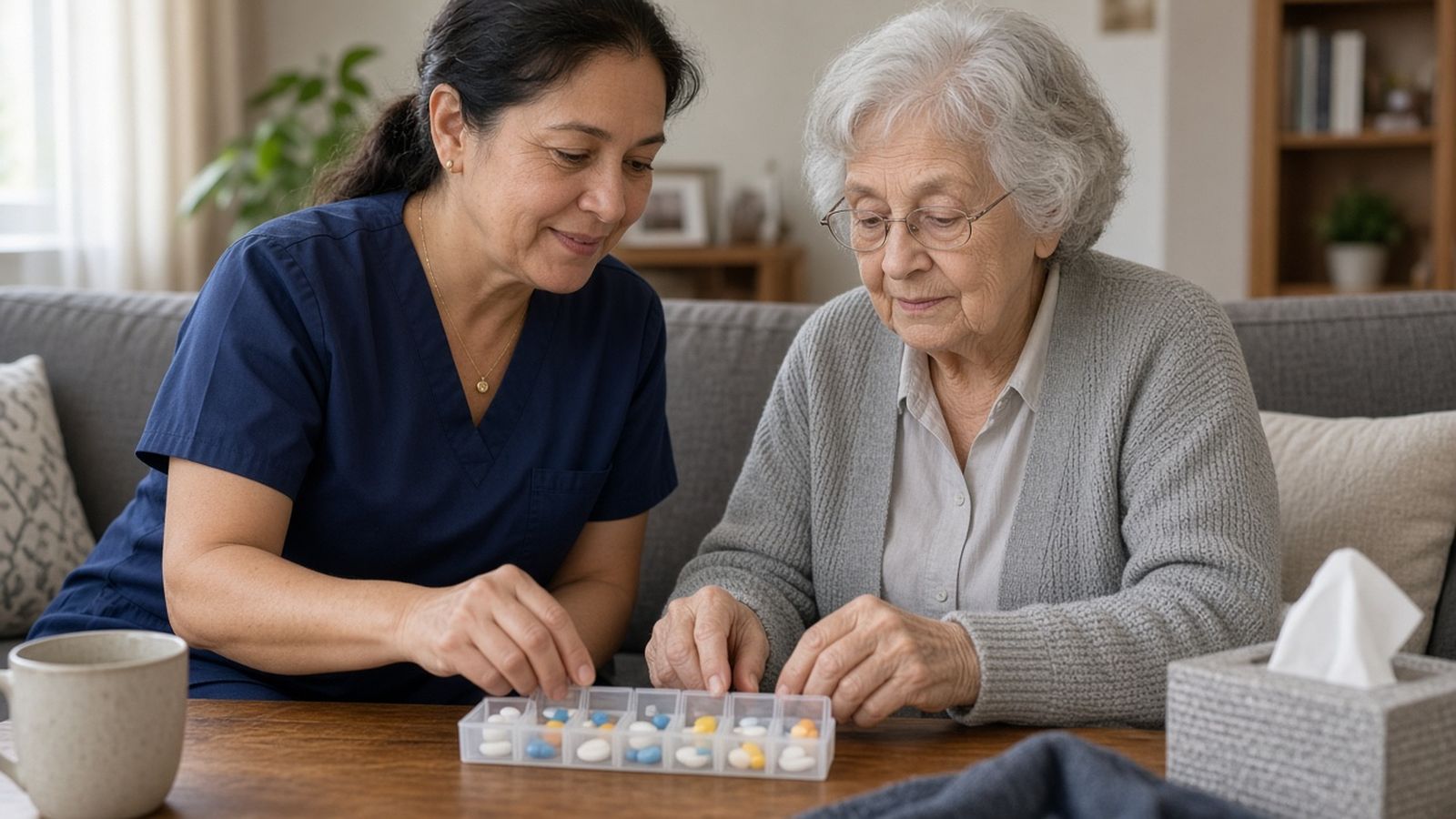 A caregiver in navy scrubs helps an older woman in a grey cardigan fill a weekly pill organizer