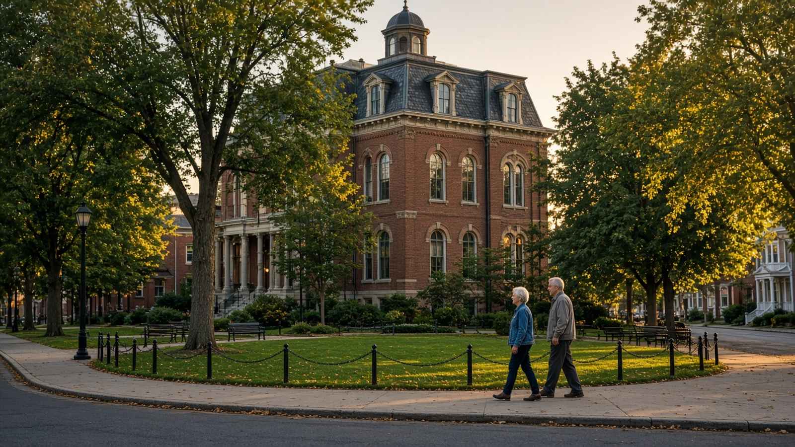 A historic brick civic building with a mansard roof stands behind a small green park at sunset