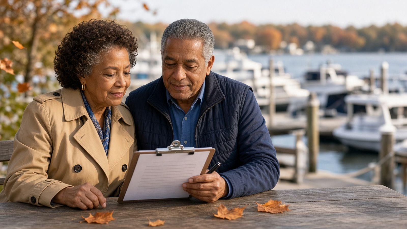 An older couple in a tan coat and navy vest review a clipboard checklist at a table by a marina in autumn