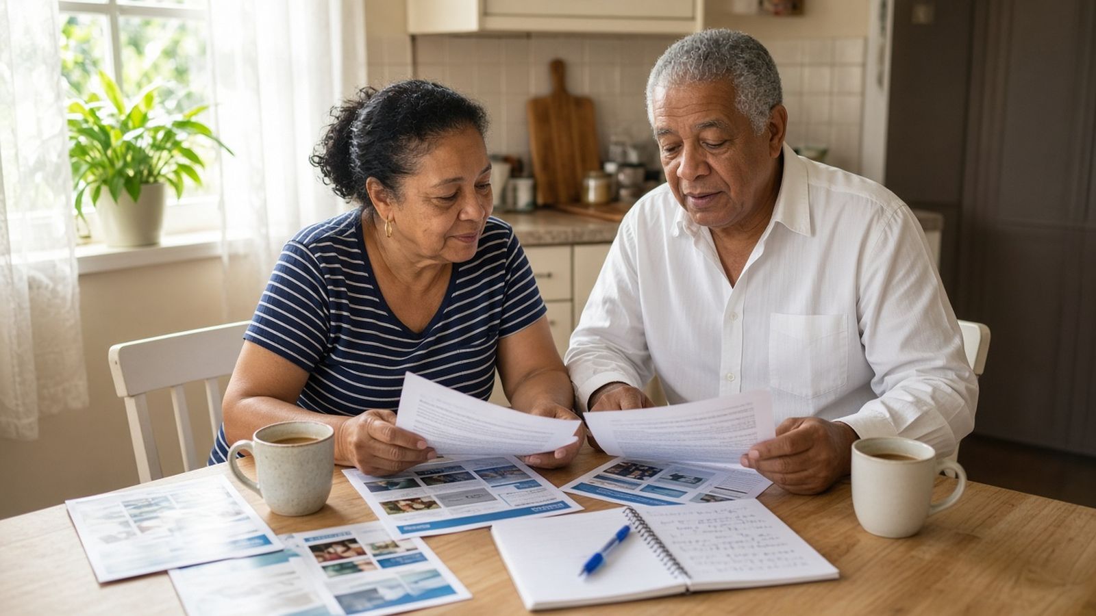 An older couple in a striped top and white shirt compare plan brochures with coffee at a kitchen table