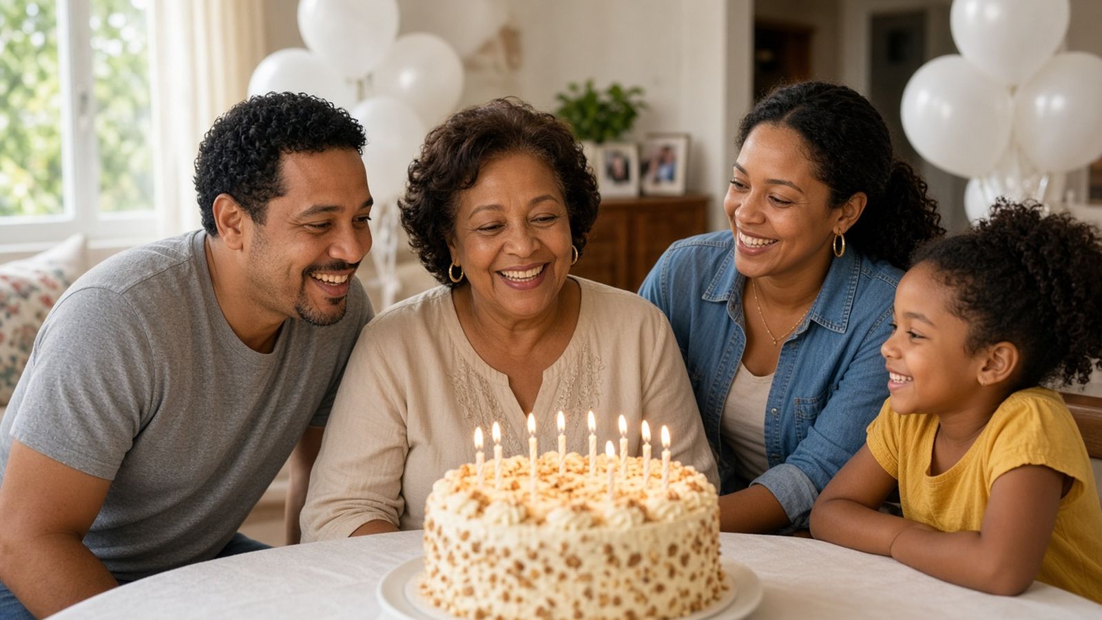 A family gathers around a birthday cake as an older woman in a cream blouse smiles at the table