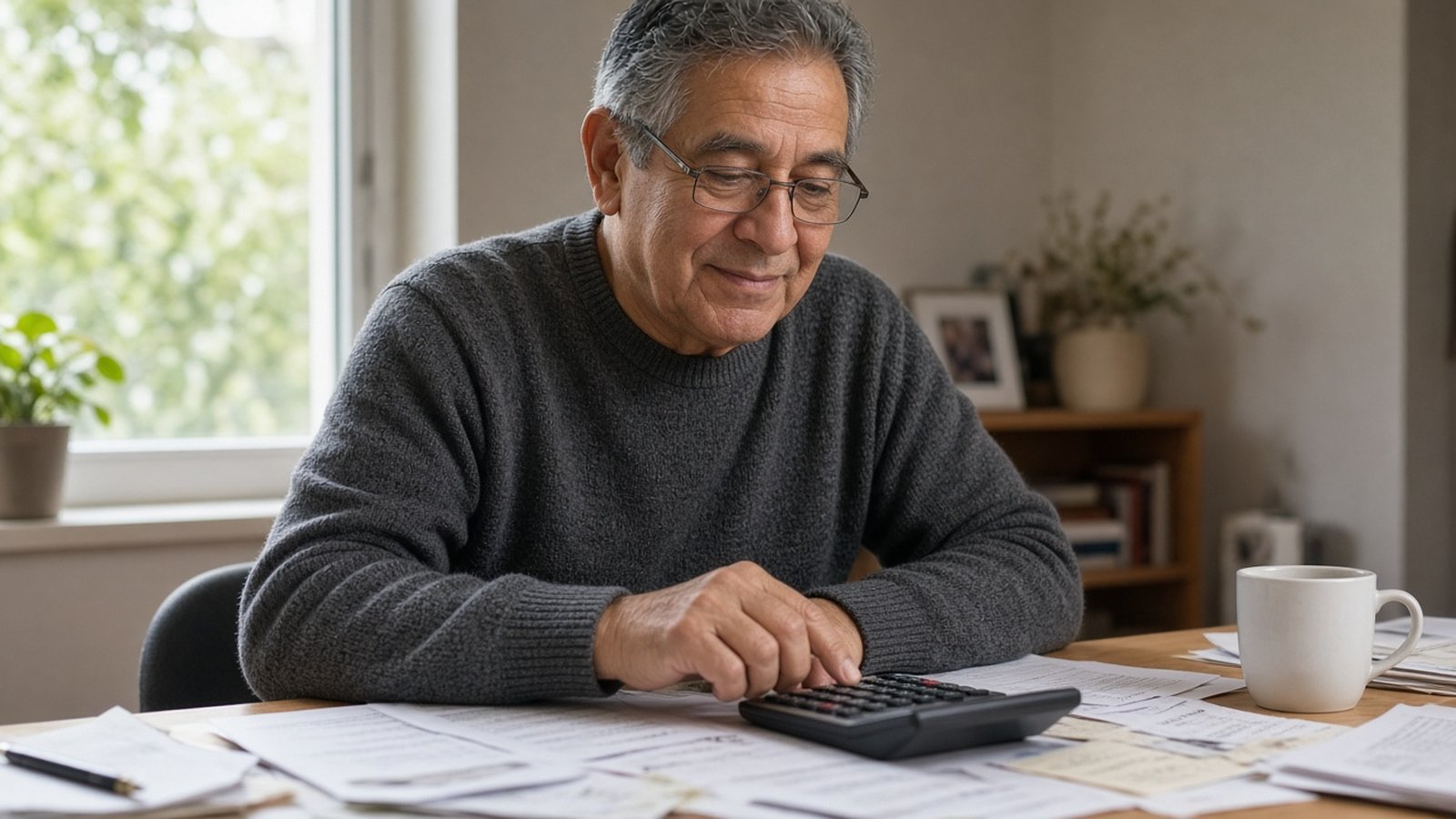 An older man in a charcoal sweater uses a calculator while sorting household bills at his desk