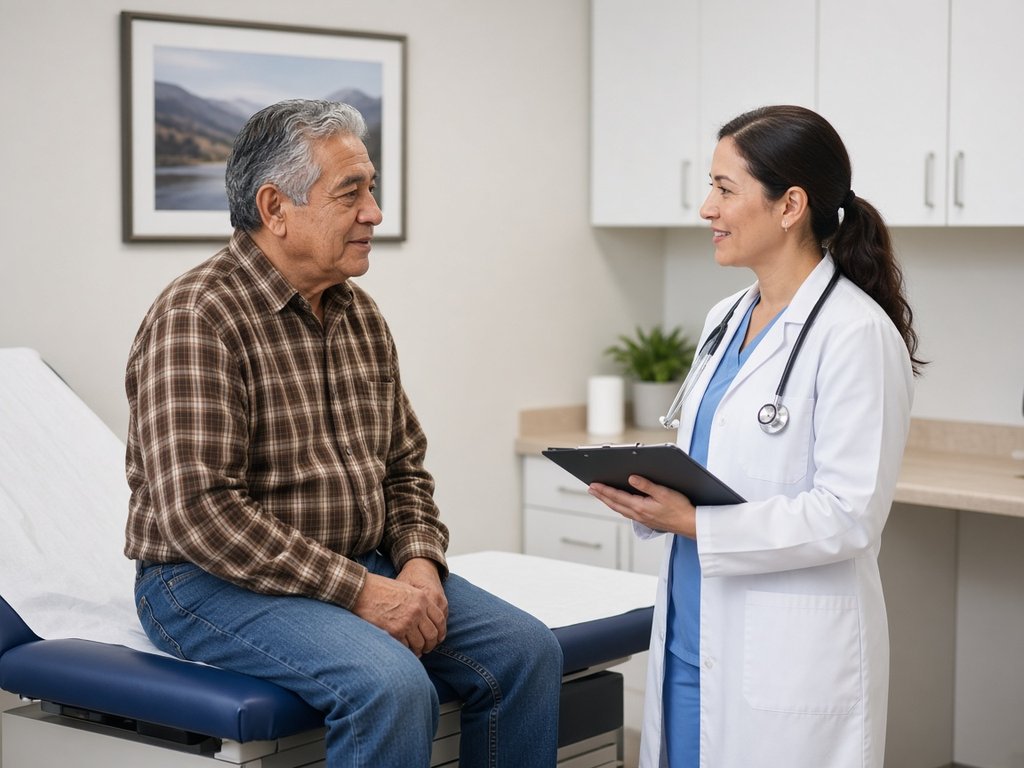An older man in a brown flannel shirt sits on an exam table chatting with a smiling doctor