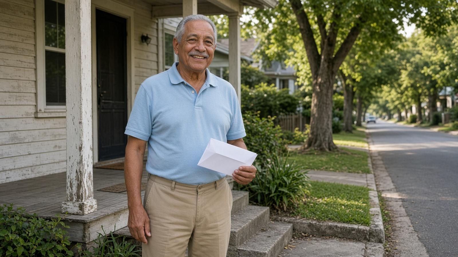 An older man in a light blue polo shirt smiles on his front porch holding an envelope