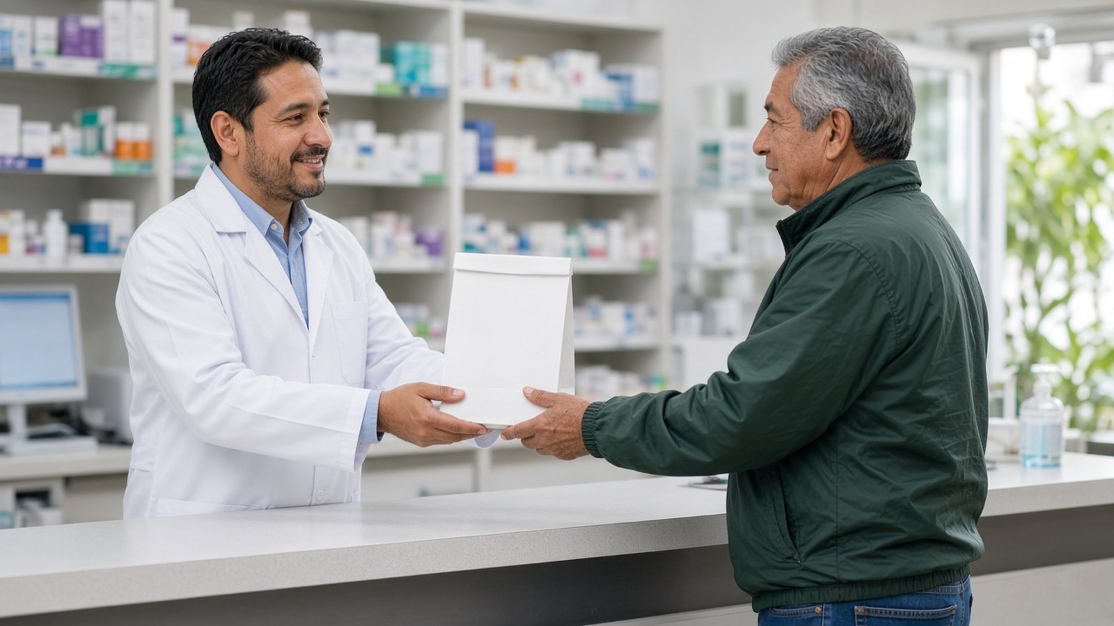 A pharmacist in a white coat hands a paper prescription bag to an older man in a green jacket