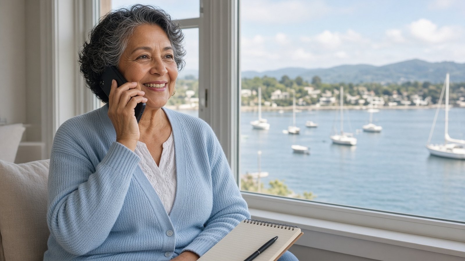 A smiling older woman in a light blue cardigan talks on her phone by a window overlooking the bay