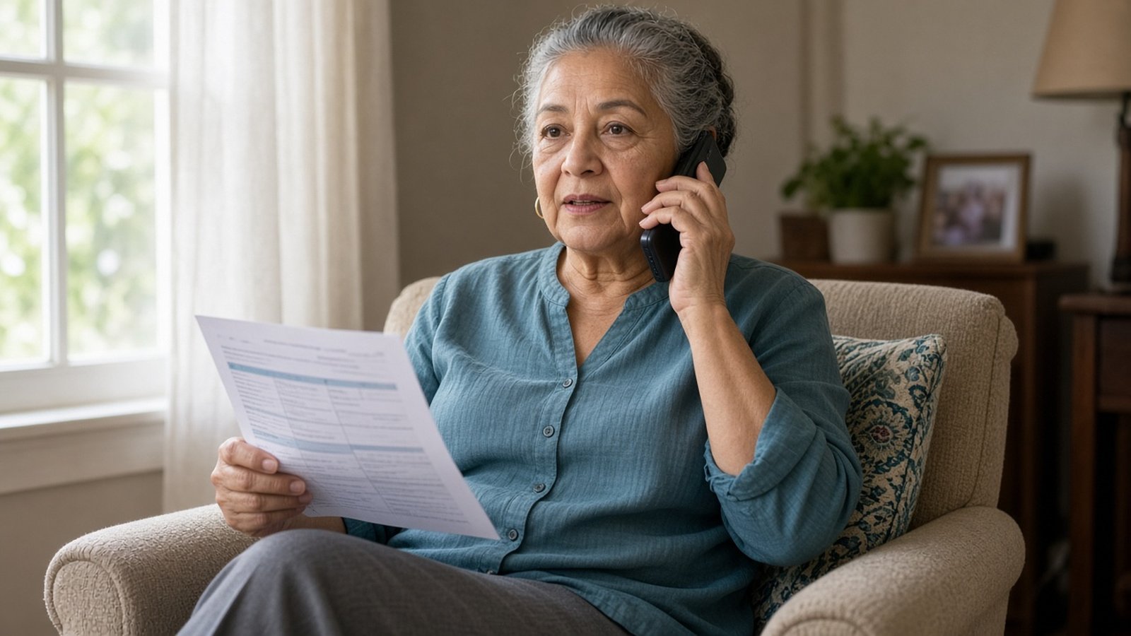 An older woman in a teal blouse holds a printed bill and talks on the phone in her armchair