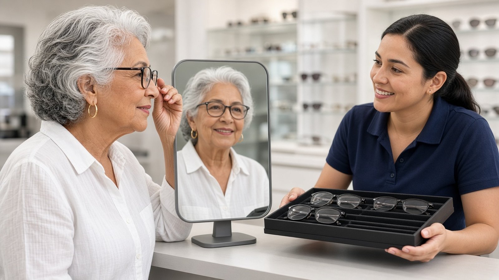 An older woman in a white blouse tries on eyeglasses at a mirror while an optician holds a tray of frames